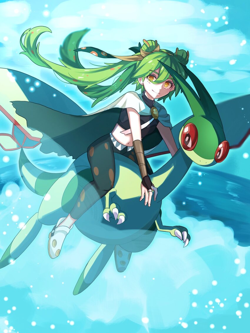 1girl black_pants cape claws closed_mouth colored_skin commentary_request double_bun flygon flying gen_3_pokemon green_hair green_skin ground_miku_(project_voltage) hair_bun hatsune_miku highres hina_co_330 long_hair midriff navel nintendo pants pokemon pokemon_(creature) project_voltage shoes smile twintails vocaloid wings yellow_eyes