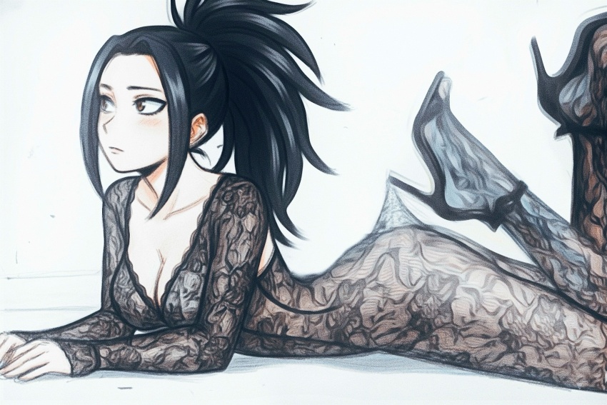 1girl bodysuit boku_no_hero_academia breasts brown_pantyhose cleavage high_heels highres lying milenscreati on_stomach pantyhose ponytail yaoyorozu_momo