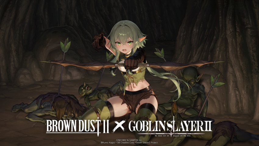 1girl absurdres arrow_(projectile) artist_request boots bow_(weapon) breasts brown_dust_(series) brown_dust_2 brown_shorts death elf english_text gloves goblin goblin_slayer! green_eyes green_hair high_elf_archer_(goblin_slayer!) highres holding holding_arrow holding_bow_(weapon) holding_weapon official_art official_wallpaper open_mouth pointy_ears shorts squatting thigh_boots torn_clothes weapon