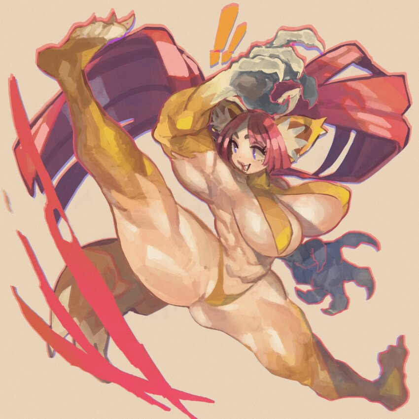 ! !! 1girl animal_ear_fluff animal_ears animal_feet animal_hands arm_up barefoot blunt_bangs blunt_ends body_fur breasts cat_ears cat_girl claws disgaea fang full_body highres keziedra large_breasts long_hair mole mole_on_thigh nekomata_(disgaea) no_sclera open_mouth outline parted_bangs pink_hair purple_eyes red_outline scratches smile solo spread_legs very_long_hair wide_spread_legs yellow_fur