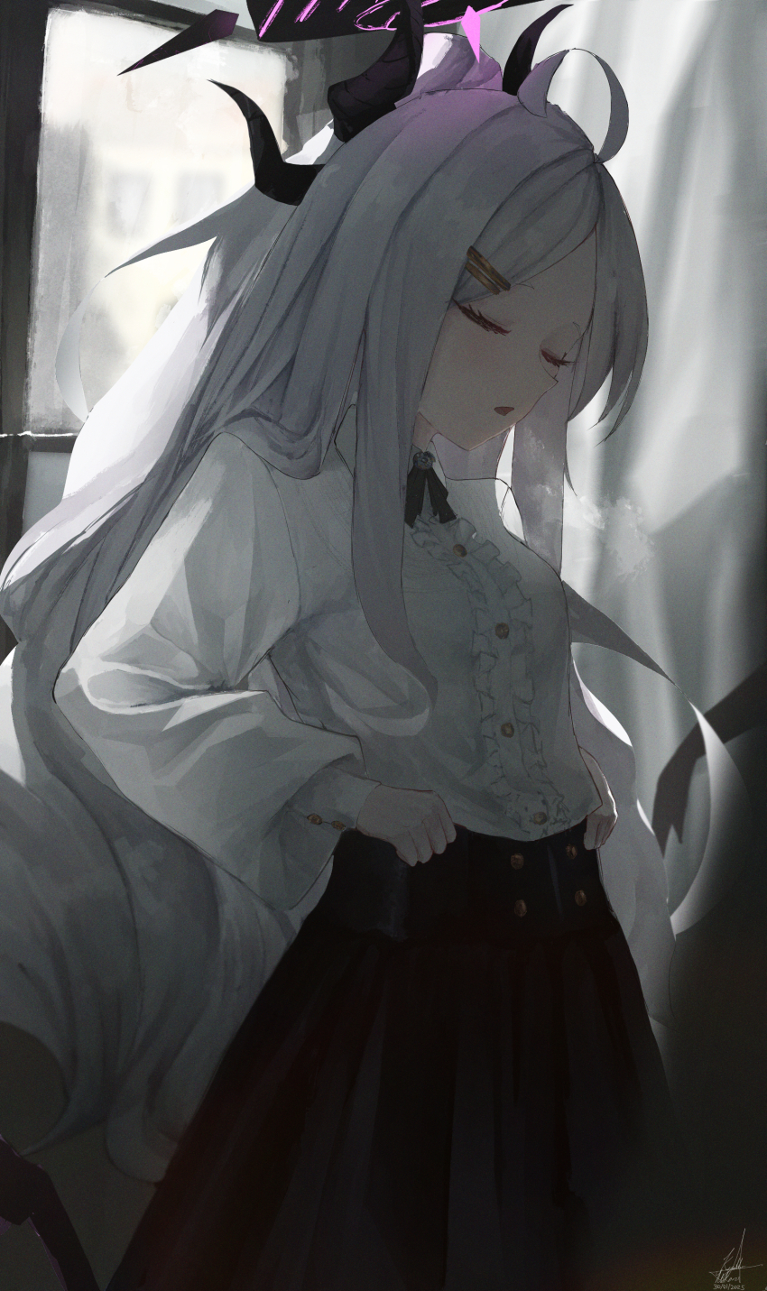 1girl absurdres ahoge alternate_costume black_ribbon black_skirt blue_archive blush closed_eyes demon_girl demon_horns forehead frilled_shirt frills from_side hair_ornament hairclip highres hina_(blue_archive) horns kyatto-mikazu long_hair open_mouth ribbon shirt sidelocks skirt white_hair white_shirt