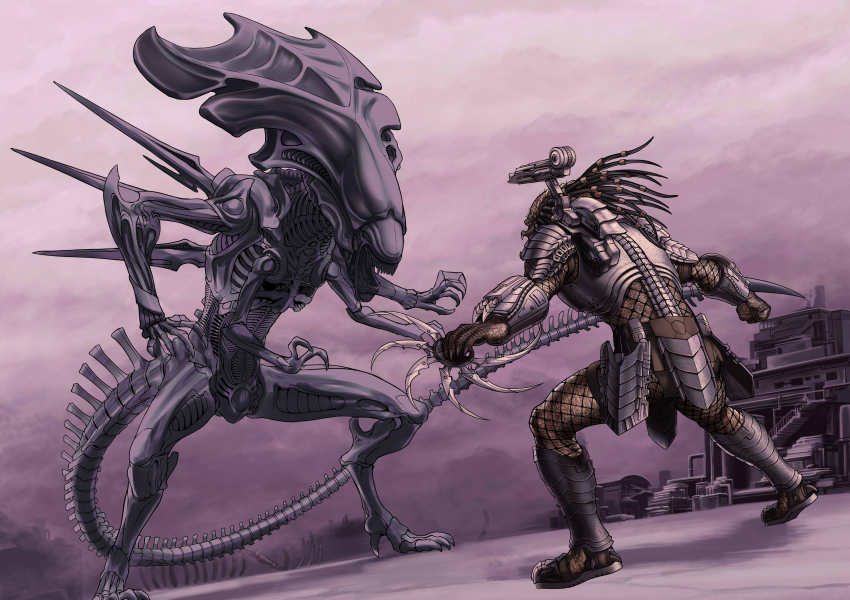 1boy 1girl absurdres alien alien_(series) alien_queen alien_vs._predator aliens_(1986) aliens_(movie) armor battle confrontation dreadlocks dutch_angle epic highres kiazee monster no_humans predator_(1987) predator_(character) predator_(series) science_fiction sharp_teeth shoulder_pads snow standing teeth weapon xenomorph
