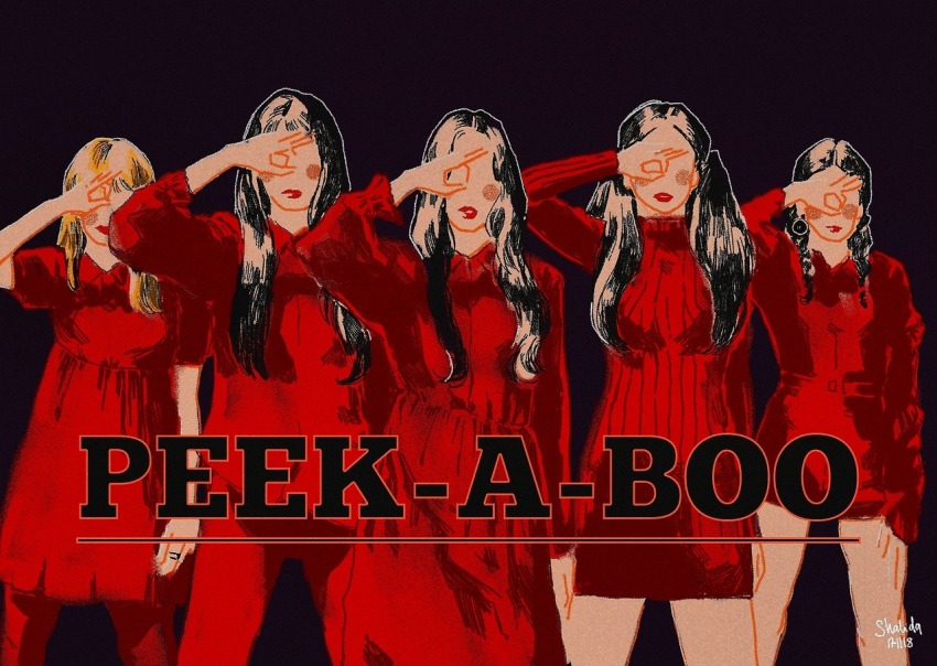 5girls black_background black_hair blonde_hair braided_twintails commentary dress english_commentary irene_(red_velvet) joy_(red_velvet) k-pop long_hair long_sleeves multiple_girls pantyhose red_dress red_lips red_pantyhose red_velvet_(group) seulgi_(red_velvet) shalidasillustrations simple_background song_name wendy_(red_velvet) yeri_(red_velvet)
