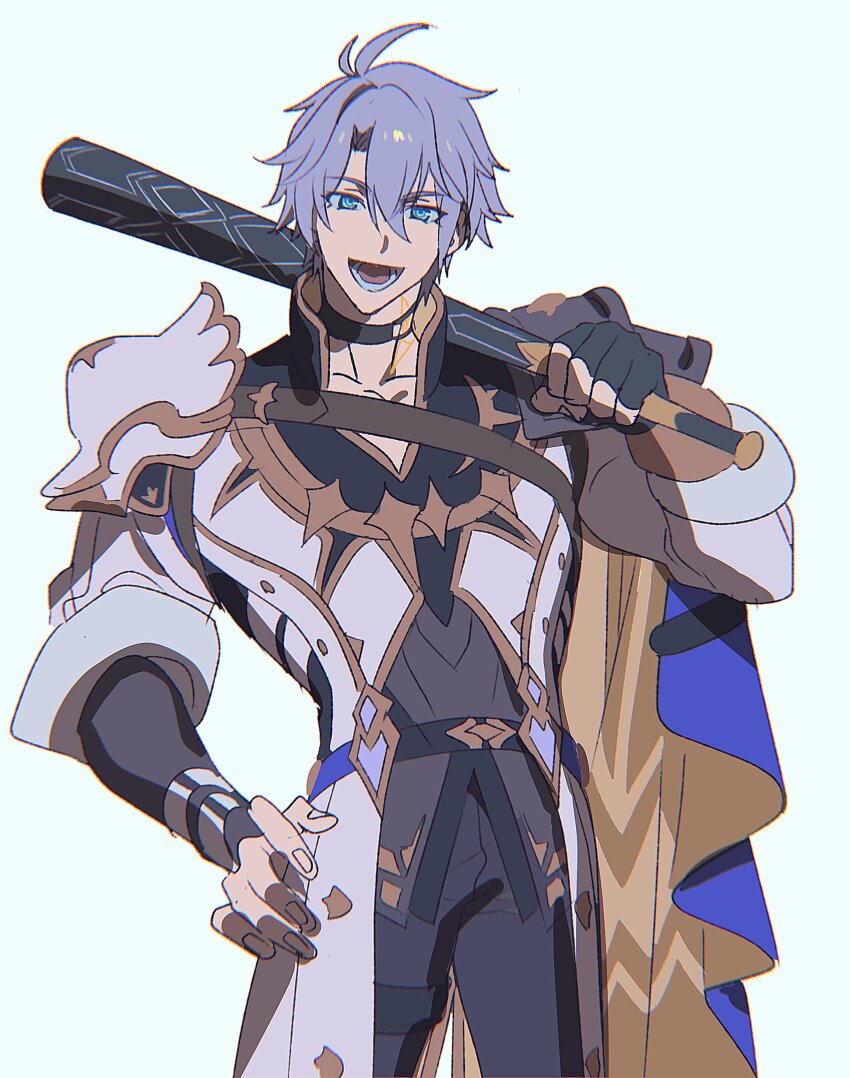 1boy :d absurdres antenna_hair armor baseball_bat black_choker black_gloves black_pants black_shirt blue_cape blue_eyes cape choker coat commentary_request cowboy_shot ddd_zkzk fingerless_gloves gloves highres holding holding_baseball_bat honkai:_star_rail honkai_(series) male_focus neck_tattoo open_mouth pants parted_bangs pauldrons phainon_(honkai:_star_rail) shirt short_hair shoulder_armor simple_background single_glove single_pauldron smile solo sun_symbol sun_tattoo tan tattoo thigh_strap white_background white_coat white_hair