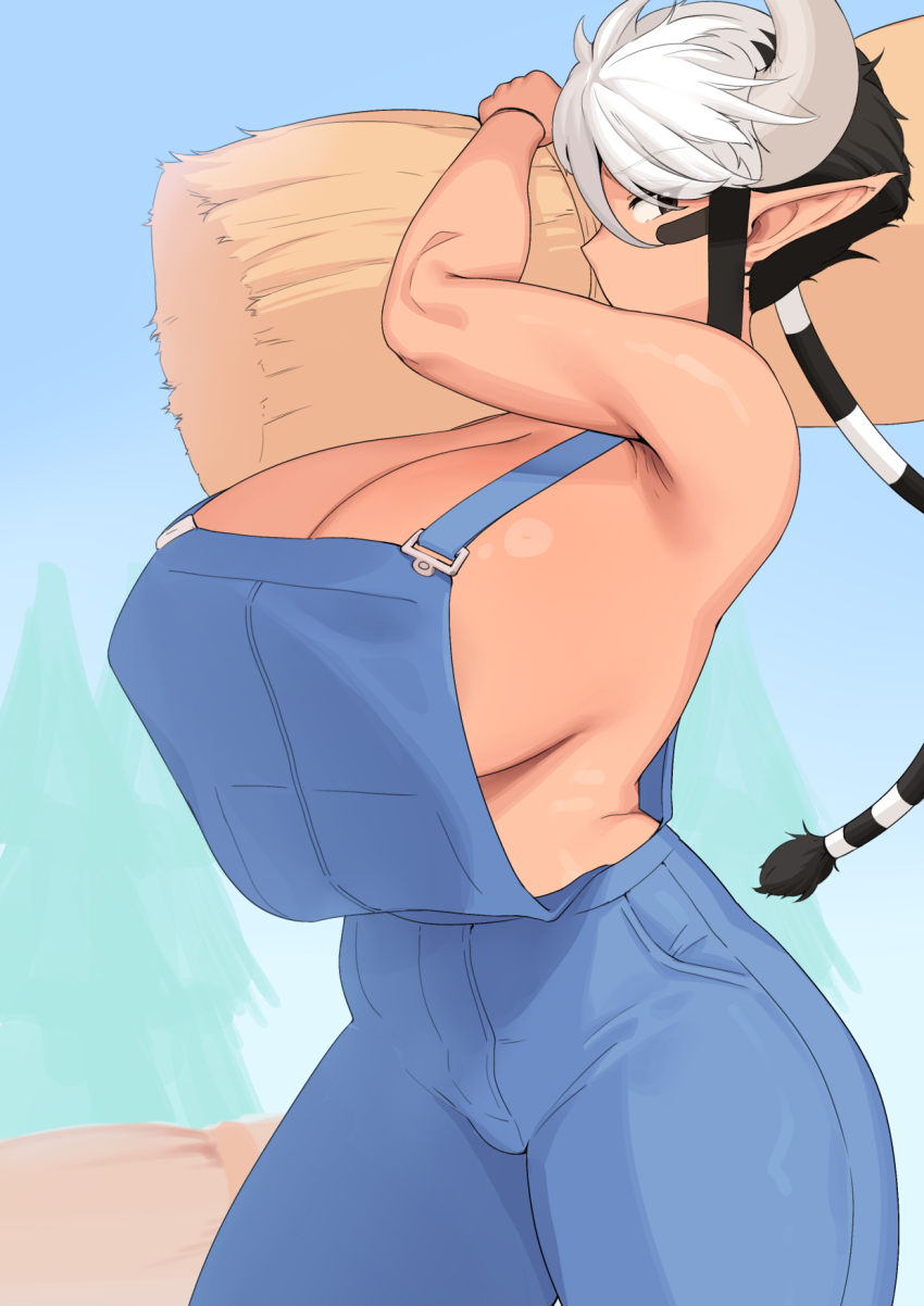 1girl bare_shoulders black_hair breasts brown_eyes cathyl cleavage cow_girl cow_horns cow_tail cowboy_shot curvy dark_skin denim from_side hay highres horns huge_breasts looking_at_viewer moebell monster_musume_no_iru_nichijou multicolored_hair naked_overalls overalls plump sideboob sideways_glance solo suspenders tail tan two-tone_hair white_hair