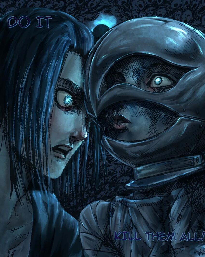 2boys arm_wrap artist_name bandages berserk black_hair black_jacket blue_eyes blue_theme colorized commentary cropped crossover eliasdessin english_commentary english_text eren_yeager face-to-face griffith_(berserk) helmet highres instufer jacket kneeling long_hair multiple_boys open_mouth portrait shingeki_no_kyojin shirt skinny teeth white_shirt