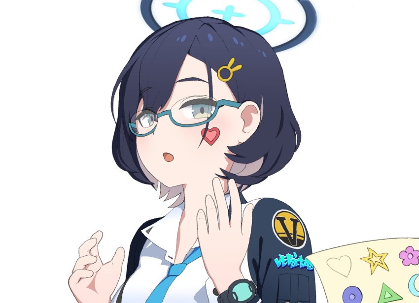 1girl :o blue_archive blue_hair blue_necktie chihiro_(blue_archive) collared_shirt glasses green_eyes hair_ornament hairclip halo hands_up highres jacket kutsusama looking_at_viewer necktie open_mouth semi-rimless_eyewear shirt short_hair simple_background solo sticker_on_face upper_body watch white_background white_shirt wristwatch