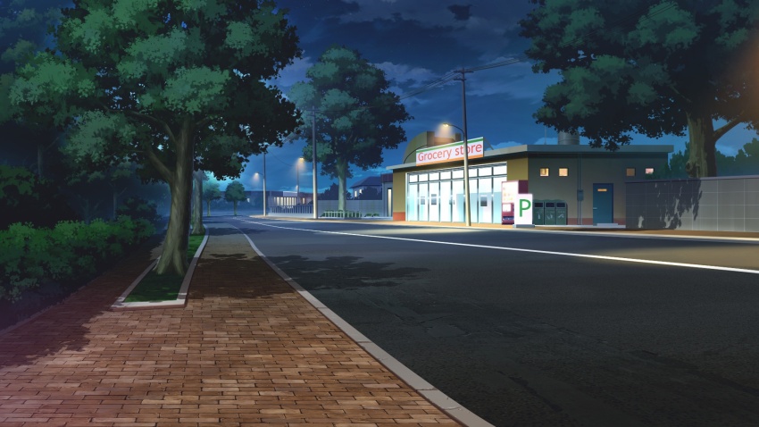 blue_sky brick_road bush cloud cloudy_sky door grocery_store highres lamppost night no_humans non-web_source official_art our_life:_beginnings_and_always outdoors power_lines recycle_bin road scenery shadow sky street trash_can tree variant_set vending_machine