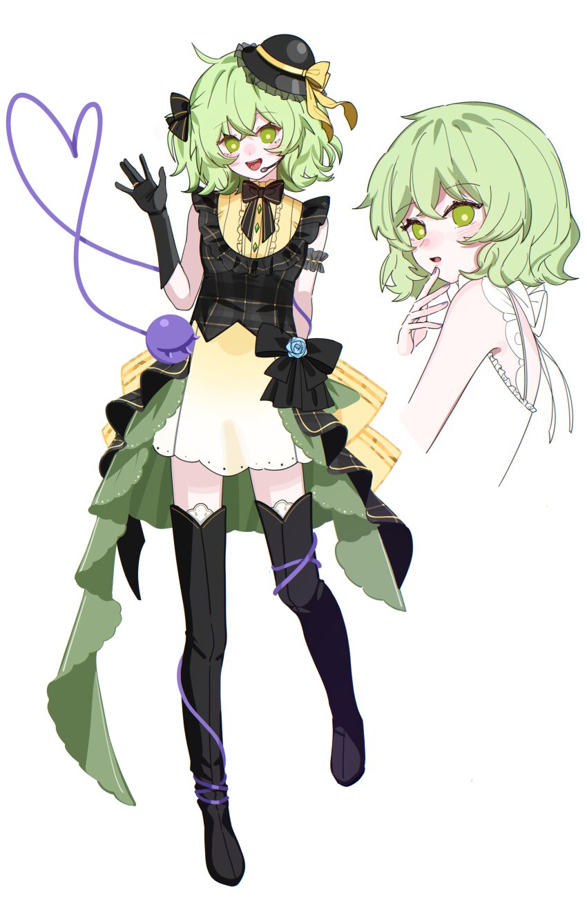 1girl absurdres alternate_costume black_bow black_bowtie black_gloves black_hat black_thighhighs bow bowtie commentary english_commentary eyeball full_body gloves green_eyes green_hair hat hat_bow heart heart_of_string highres komeiji_koishi looking_at_viewer medium_hair microphone mini_hat mixed-language_commentary open_mouth simple_background skirt smile solo takki_(takkiko) thighhighs third_eye touhou touhou_hero_of_ice_fairy white_background yellow_bow yellow_skirt