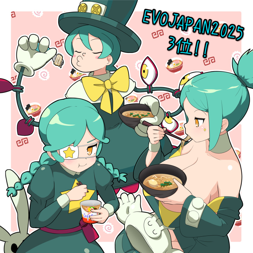 2025 3girls alternate_color annie_(skullgirls) belt_pouch blush blush_stickers bow bowl bowtie braid breasts cerebella_(skullgirls) chopsticks closed_eyes cup_ramen cyborg dress eating eyepatch food green_hair hat juliet_sleeves large_breasts long_hair long_sleeves multiple_girls noodles peacock_(skullgirls) pink_background ponytail pouch puffy_sleeves pursed_lips ramen sagan_(skullgirls) short_dress short_hair sio_onigiri_umai skullgirls smile top_hat twin_braids unworn_hat unworn_headwear upper_body vice-versa_(skullgirls) yellow_eyes
