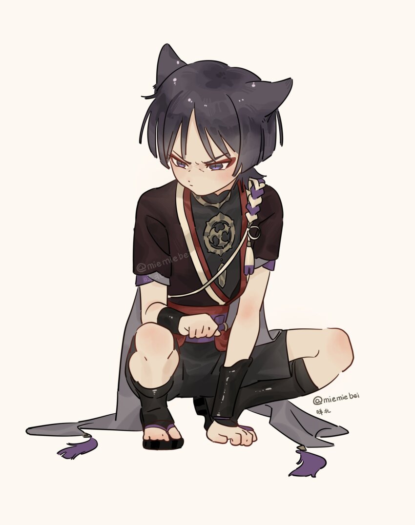 1boy animal_ears armor between_legs black_bodysuit black_kimono black_leggings black_sandals black_shorts blunt_ends bodysuit cat_boy cat_ears clenched_hands closed_mouth eyeliner eyeshadow furisode genshin_impact gold grey_sleeves han&#039;eri hand_between_legs hand_up highres japanese_armor japanese_clothes jewelry kimono kote kurokote layered_kimono layered_sleeves leggings looking_to_the_side makeup male_focus mandarin_collar miemiebei mitsudomoe_(shape) neck_ring o-ring open_clothes open_kimono purple_eyes purple_rope purple_sash purple_sleeves red_eyeliner red_eyeshadow red_kimono red_sash rope sandals sash scaramouche_(genshin_impact) shimenawa short_sleeves shorts slit_pupils solo squatting squinting tassel toeless_legwear toes tomoe_(symbol) tsurime twitter_username white_background white_kimono white_rope wispy_bangs zouri