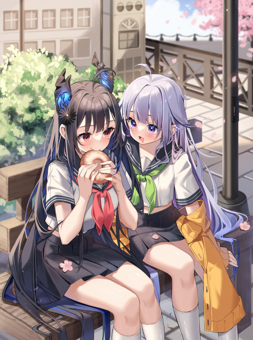 2girls absurdres ahoge alternate_costume asymmetrical_horns bench black_hair black_skirt blue_hair blue_sky blush breasts cherry_blossoms cloud colored_inner_hair crumbs demon_horns donut double-parted_bangs fang fingernails flower food gem grey_hair hair_between_eyes hair_flaps highres holding holding_food hololive hololive_english horn_flower horns jacket jewel_under_eye koseki_bijou kuri_(animejpholic) long_hair looking_at_another multicolored_hair multiple_girls nerissa_ravencroft open_mouth pink_flower pink_hair pleated_skirt purple_eyes purple_gemstone purple_hair red_eyes saliva school_uniform short_sleeves sidelocks sitting skirt sky socks straight_hair thighs tongue uneven_horns very_long_hair virtual_youtuber white_socks yellow_jacket
