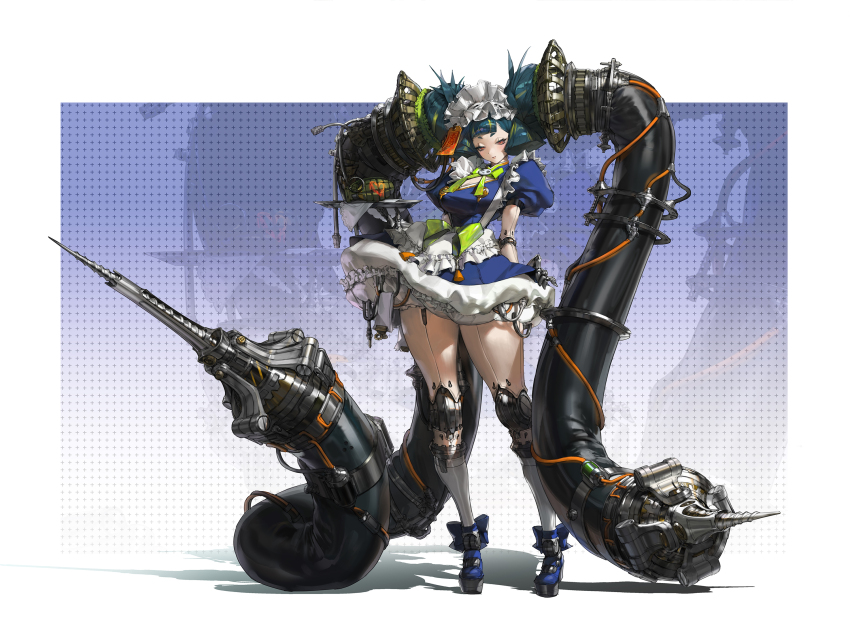 1girl arm_behind_back blue_background blue_dress blue_shoes border bow bowtie cable closed_mouth contrapposto cross_background cyberpunk double_bun dress dress_bow drill explosive frills full_body gradient_background green_bow green_bowtie green_hair grenade hair_bun half-closed_eyes hand_up heart highres holding holding_tray huge_hair_bun joints juliet_sleeves long_sleeves looking_at_viewer maid maid_headdress mechanical_tentacles medium_hair mintcandyboxxx original outside_border platform_shoes puffy_sleeves red_eyes robot_girl robot_joints shadow shoes solo standing talisman tentacle_hair tray white_border zoom_layer