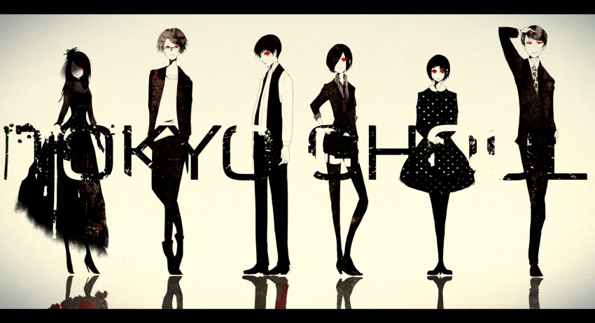 10s 3boys 3girls black_dress black_hair dress formal_clothes fueguchi_hinami hair_over_one_eye i_m kamishiro_rize kaneki_ken kirishima_touka lineup long_hair multiple_boys multiple_girls nishio_nishiki pantyhose polka_dot polka_dot_dress red_eyes short_hair suit tokyo_ghoul tsukiyama_shuu veil
