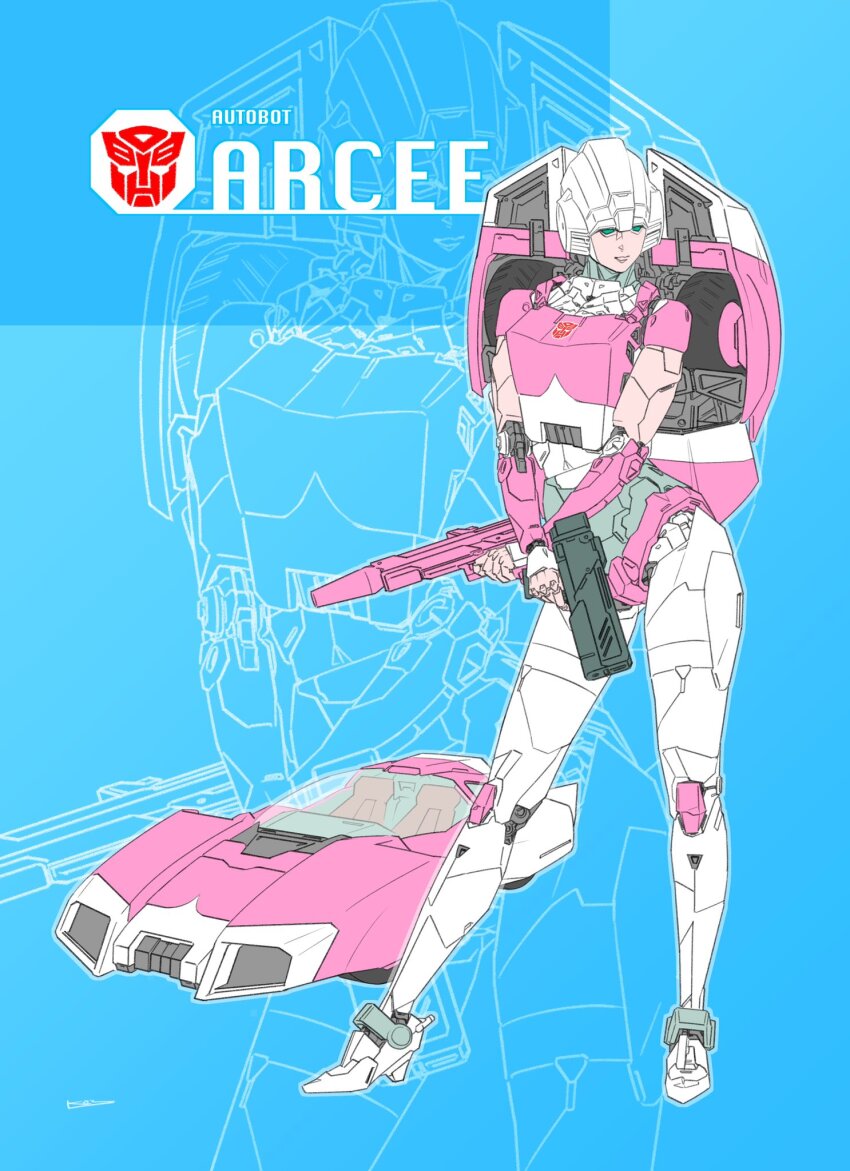 1girl alternate_form arcee autobot car commentary_request dual_wielding emblem energy_gun highres holding ikeda_kazuhiro logo looking_to_the_side mecha mecha_focus motor_vehicle no_humans ray_gun robot science_fiction transformers transformers:_generation_1 weapon