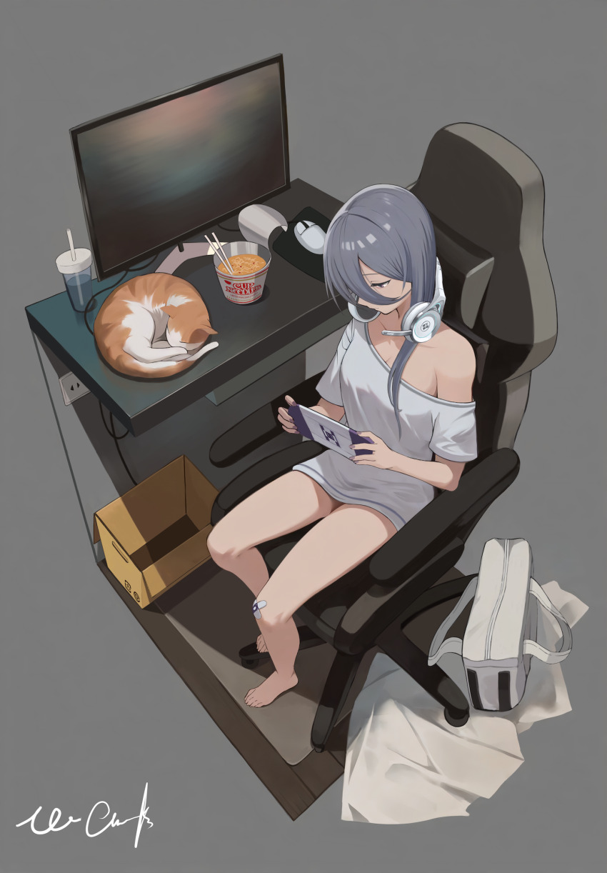 1girl bag bandaid bandaid_on_knee bandaid_on_leg bare_legs box breasts cardboard_box cat chair chopsticks cleavage commentary computer computer_mouse cup cup_ramen drink exia_(nikke) feet food gaming_chair goddess_of_victory:_nikke grey_hair handheld_game_console headset highres long_hair looking_at_object monitor shirt signature sleeping_animal swivel_chair vinnie_cheeks white_shirt