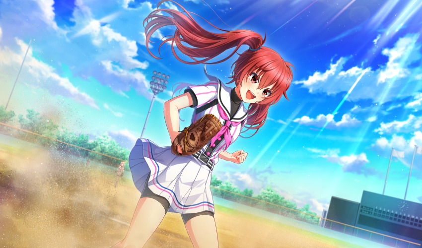 3girls :d agatsuma_sora arihara_tsubasa baseball_glove baseball_stadium baseball_uniform belt belt_buckle bike_shorts_under_skirt black_belt black_shorts black_undershirt blurry buckle cinderella_series clenched_hand cloud day depth_of_field dust_cloud dutch_angle film_grain flag floating_hair game_cg hachigatsu_no_cinderella_nine hair_tie highres light_particles light_rays long_hair multiple_girls neckerchief non-web_source official_art open_mouth outdoors pink_neckerchief playing_sports pleated_skirt red_eyes red_hair satogahama_baseball_uniform scoreboard shirt shirt_under_shirt short_sleeves shorts skirt sky smile solo_focus sportswear standing striped_belt striped_clothes striped_shirt sunbeam sunlight sweat teeth twintails upper_teeth_only v-shaped_eyebrows vertical-striped_clothes vertical-striped_shirt