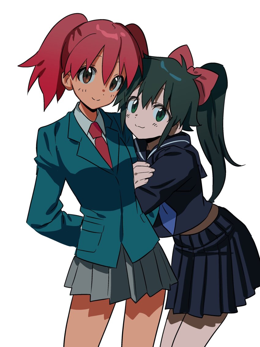 2girls :3 aqua_jacket arm_hug azumaya_koyuki bending betti_(xx_betti) black_hair black_jacket black_skirt bow breasts brown_eyes collared_shirt cowboy_shot dot_nose double-parted_bangs double_arm_hug green_eyes grey_skirt hair_between_eyes hair_bow highres hinata_natsumi jacket keroro_gunsou lapels layered_clothes leaning_on_person long_hair long_sleeves looking_at_viewer miniskirt multiple_girls necktie pleated_skirt ponytail red_bow red_hair red_necktie sailor_collar school_uniform shade shirt short_hair short_twintails side-by-side simple_background skirt small_breasts smile split_mouth standing twintails white_background white_shirt