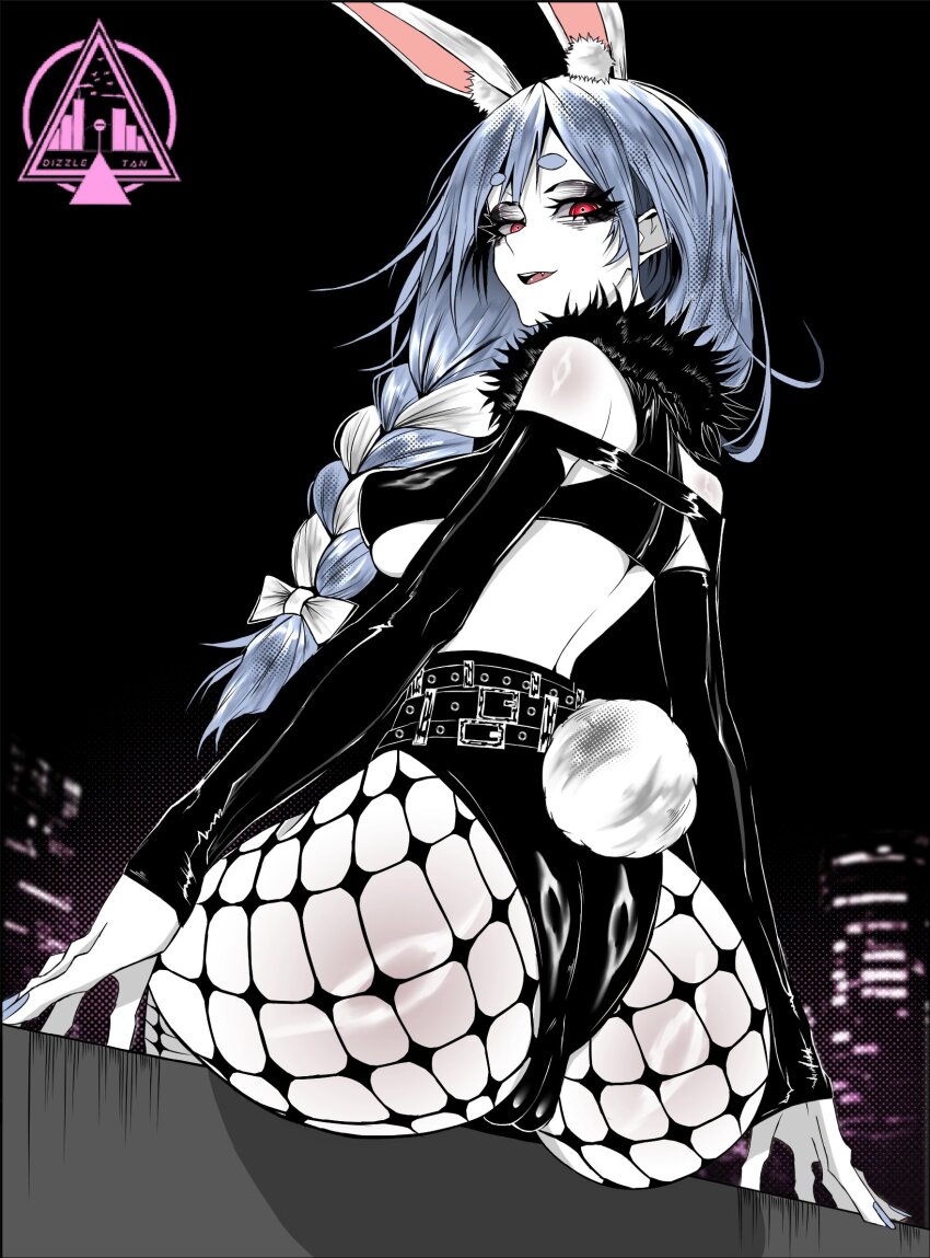 1girl animal_ears ass black_shirt black_shorts blue_hair bow braid braided_ponytail breasts cameltoe commentary commission covered_erect_nipples cropped_shirt detached_sleeves dizzle english_commentary extra_ears fishnet_pantyhose fishnets from_behind fur-trimmed_shirt fur_trim hair_bow hair_over_shoulder highres hololive large_breasts long_hair looking_at_viewer looking_back median_furrow multicolored_hair night open_mouth outdoors pantyhose pekomama rabbit_ears rabbit_girl rabbit_tail red_eyes shirt short_eyebrows short_shorts shorts sitting sleeveless sleeveless_shirt solo streaked_hair tail thick_eyebrows virtual_youtuber white_bow white_hair