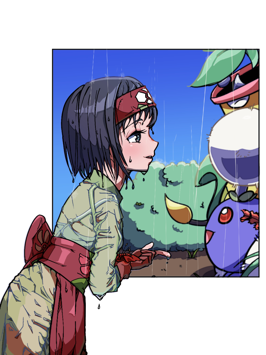 1girl 2049_(hh5566) accidental_exposure bent_over black_eyes black_hair blush bra bra_visible_through_clothes breasts clenched_hands closed_eyes day erika_(pokemon) eyelashes female_focus from_side gen_1_pokemon gen_2_pokemon green_kimono hair_ornament hairband hands_up happy highres japanese_clothes jumpluff kimono looking_at_another matching_hair/eyes matching_underwear medium_breasts medium_hair nature neck nintendo obi open_mouth outdoors panties pointing pointing_at_another pokemon pokemon_lgpe profile rain red_obi sash see-through_clothes sky standing underwear victreebel wardrobe_malfunction wet wet_clothes wet_hair white_bra white_panties