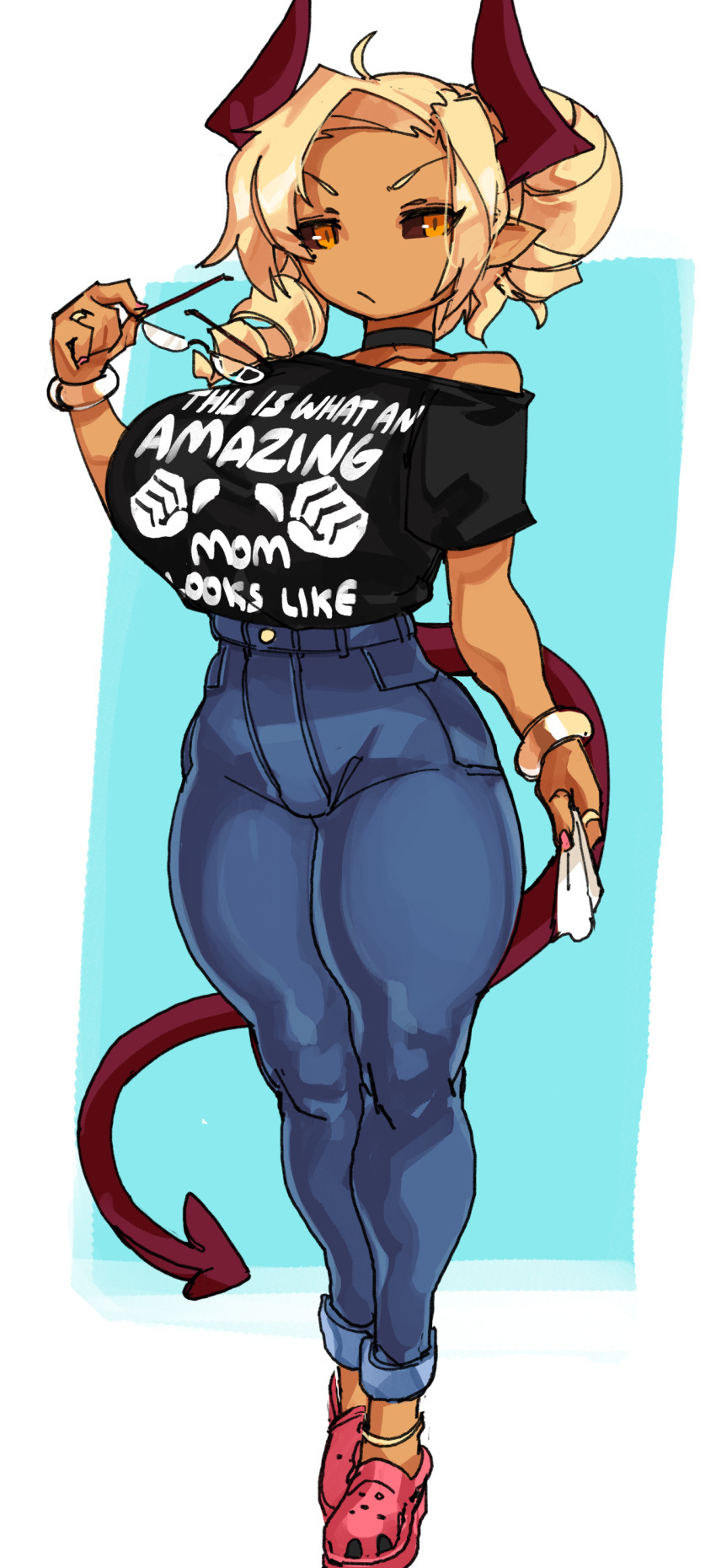 1girl absurdres ahoge anklet black_choker black_sclera black_shirt blonde_hair bracelet breasts choker clothes_writing colored_sclera commentary crocs dahlia_(chido) dark-skinned_female dark_skin demon_girl demon_horns demon_tail denim drill_hair english_commentary english_text full_body glasses hair_bun highres holding holding_removed_eyewear horns huge_breasts jeans jewelry mature_female medium_hair nail_polish off-shoulder_shirt off_shoulder orange_eyes original pants pink_nails pink_shoes pointy_ears print_shirt red_horns red_tail ring shirt shoes side_drill single_hair_bun slit_pupils solo standing t-shirt tail thick_thighs thighs tissue unworn_eyewear updo zanamaoria