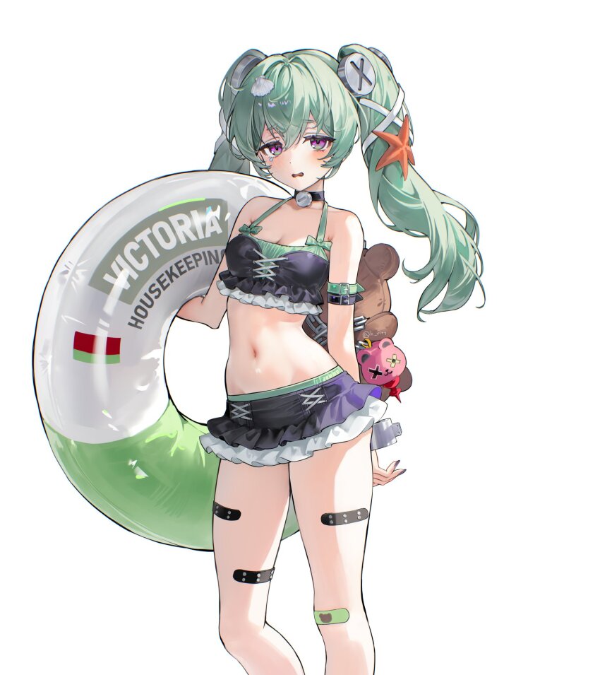 1girl alternate_costume bandaid bandaid_on_knee bandaid_on_leg bandaid_on_thigh between_breasts bikini bikini_skirt black_bikini blush breasts cleavage commentary corin_wickes green_hair green_innertube highres holding holding_swim_ring innertube long_hair looking_at_viewer medium_breasts navel open_mouth purple_eyes rity screw_hair_ornament simple_background solo starfish_hair_ornament stomach swim_ring swimsuit twintails two-tone_innertube white_background white_innertube zenless_zone_zero