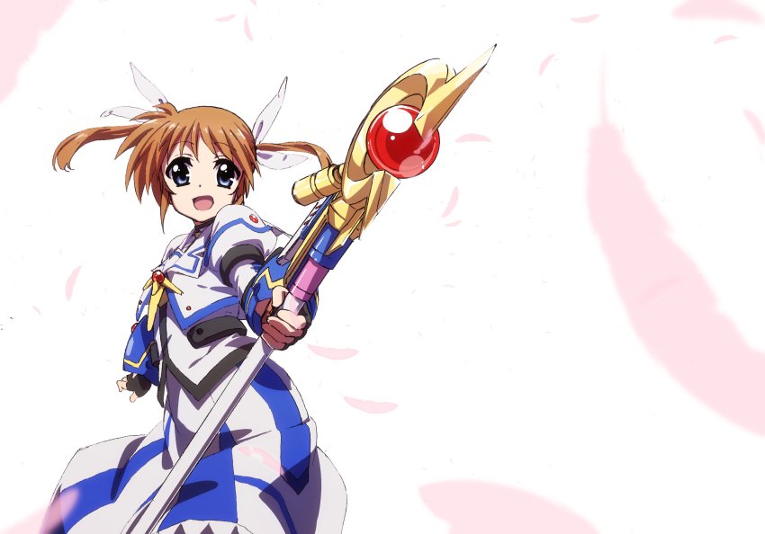 1girl absurdres black_gloves blue_eyes bracer brown_hair bygddd5 commentary dress feathers female_focus fingerless_gloves gloves hair_ribbon highres holding holding_staff jacket juliet_sleeves long_hair long_sleeves looking_at_viewer lyrical_nanoha magical_girl mahou_shoujo_lyrical_nanoha mahou_shoujo_lyrical_nanoha_the_movie_1st medium_dress open_mouth puffy_sleeves raising_heart raising_heart_(device_mode)_(1st) ribbon short_hair smile solo staff standing takamachi_nanoha takamachi_nanoha_(movie_1st_mode) twintails white_background white_dress white_jacket white_ribbon