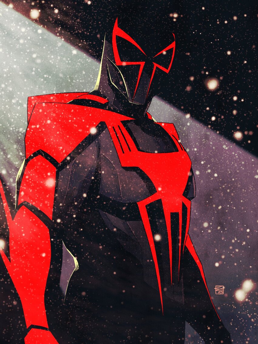 1boy animal_print bodysuit colin_craker commentary english_commentary highres looking_at_viewer male_focus marvel mask outdoors pinup_(style) snow solo spider-man_(2099) spider-man_(series) spider_print superhero_costume two-tone_bodysuit upper_body