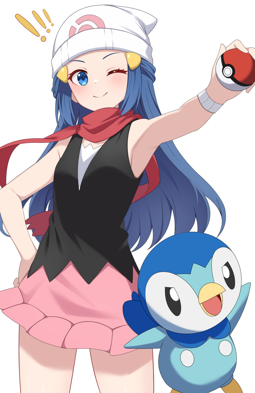 ! !! 1girl ;) absurdres beanie black_shirt blue_eyes closed_mouth commentary_request creatures_(company) dawn_(pokemon) eyelashes game_freak hair_ornament hairclip hand_on_own_hip hat highres holding holding_poke_ball kenomotsu_yukuwa long_hair looking_at_viewer nintendo one_eye_closed pink_skirt poke_ball poke_ball_(basic) pokemon pokemon_(creature) pokemon_dppt red_scarf scarf shirt sidelocks simple_background skirt sleeveless sleeveless_shirt smile white_background white_hat