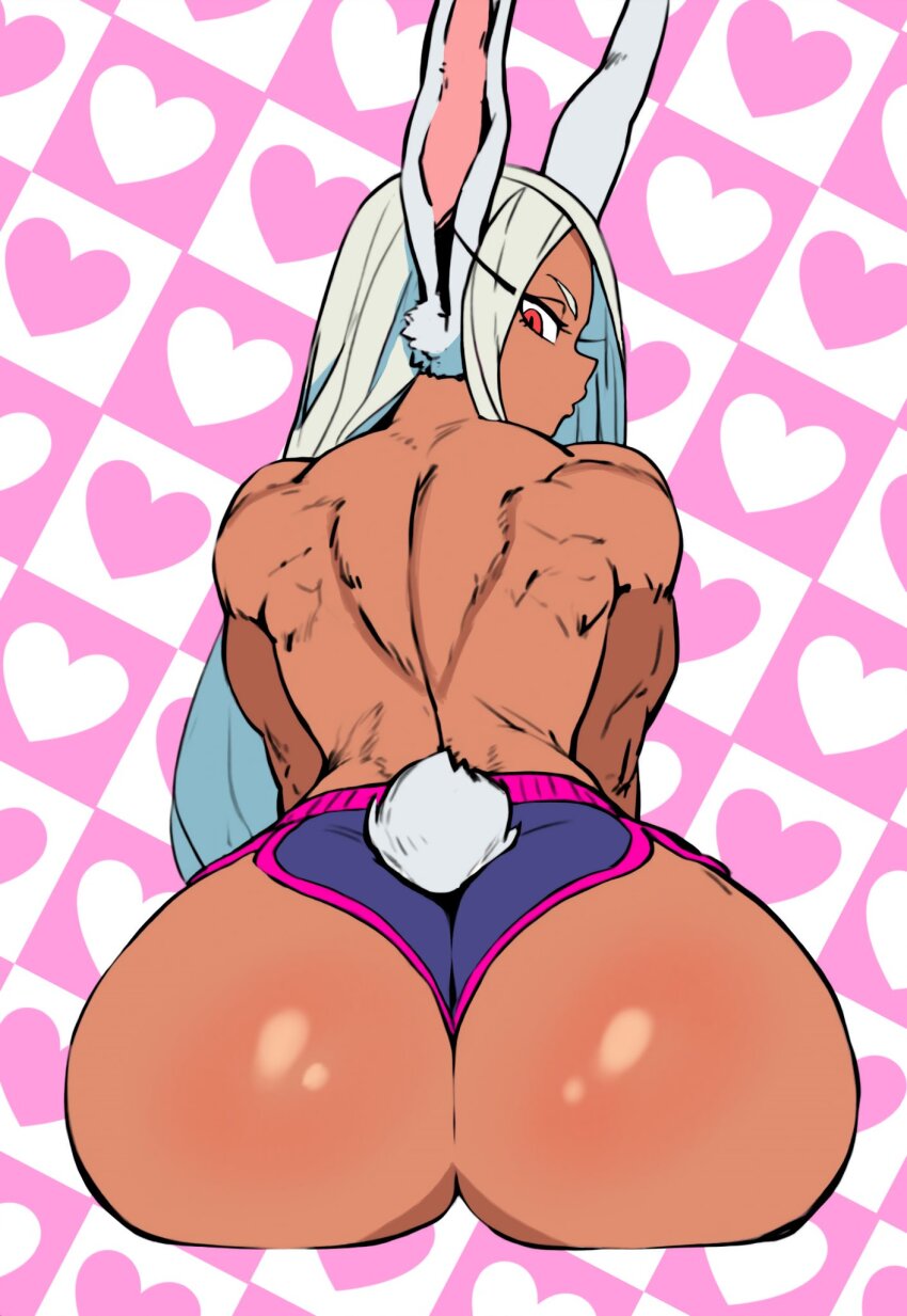 1girl animal_ears ass ass_focus back bare_back boku_no_hero_academia clothing_cutout commentary dark-skinned_female dark_skin english_commentary from_behind heart heart_background highres huge_ass long_eyelashes long_hair looking_at_viewer looking_back median_furrow micro_shorts mirko parallaxfused parted_bangs pink_trim purple_shorts rabbit_ears rabbit_girl rabbit_tail red_eyes shorts shoulder_blades sitting solo tail tail_through_clothes toned toned_female topless_female very_long_hair wedgie white_hair