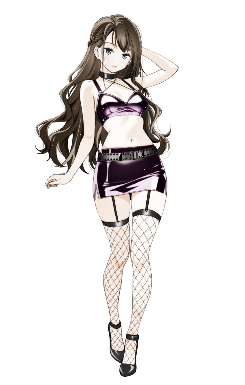 1girl absurdres bare_shoulders belt black_choker black_thighhighs breasts brown_hair choker crop_top fishnet_thighhighs fishnets garter_straps grey_eyes high_heels highres long_hair looking_at_viewer miniskirt moonsorrow navel open_mouth original shorts side_slit skindentation skirt small_breasts solo standing stomach tachi-e thigh_gap thighhighs very_long_hair white_background zettai_ryouiki