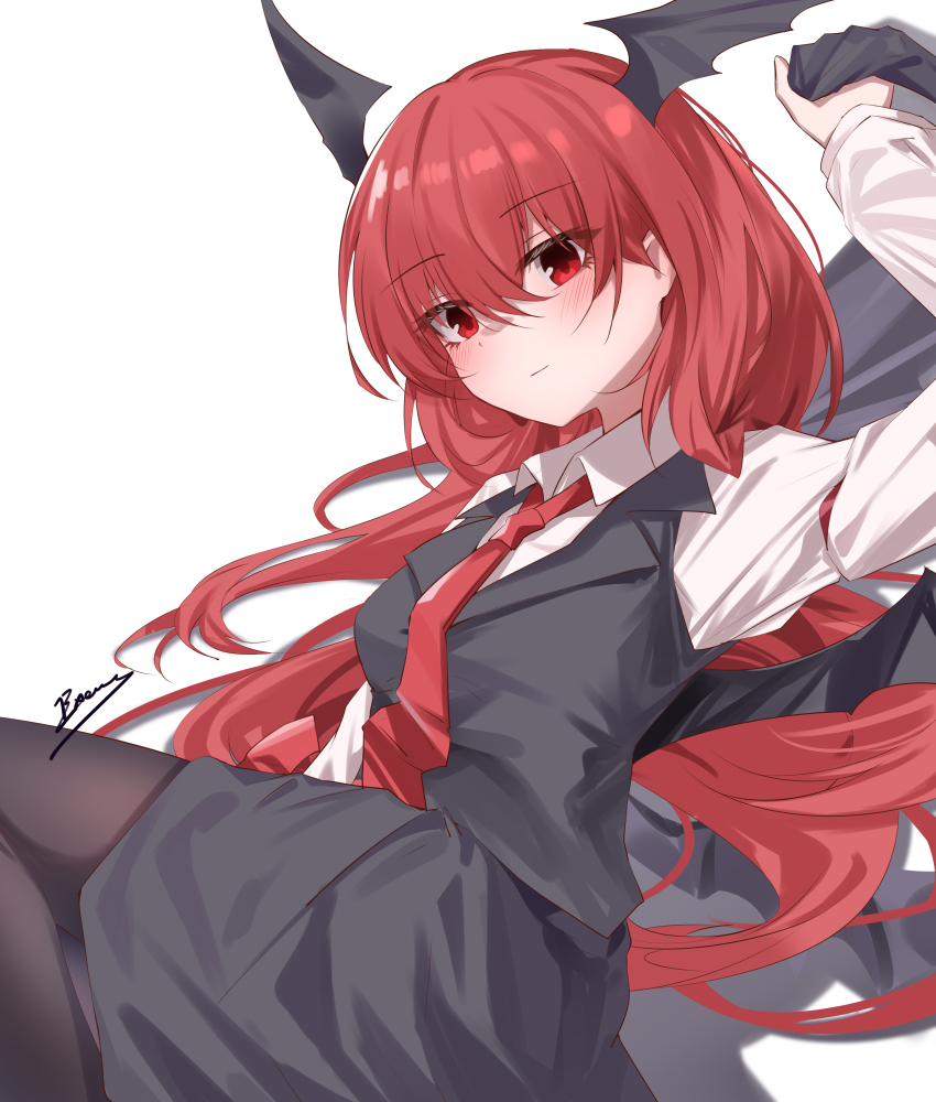 1girl absurdres bat_wings black_pantyhose black_skirt black_vest black_wings breasts collared_shirt commentary dress_shirt english_commentary eyes_visible_through_hair formal_clothes hair_between_eyes head_wings highres holding invisible_floor koakuma lapels light_blush light_smile long_hair looking_at_viewer lying medium_breasts necktie on_side pantyhose red_eyes red_hair red_necktie shadow shirt signature skirt solo top-exerou touhou very_long_hair vest waistcoat white_shirt wings