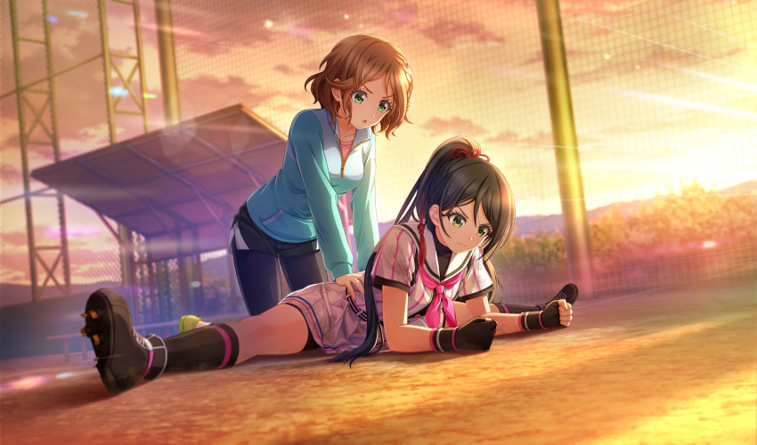 2girls assisted_stretching baseball_field baseball_uniform belt bike_shorts_under_skirt black_belt black_footwear black_gloves black_hair black_pantyhose black_shorts black_socks black_undershirt blurry brown_hair cinderella_series cloud depth_of_field dutch_angle evening fingerless_gloves full_body game_cg gloves green_eyes green_jacket hachigatsu_no_cinderella_nine hair_ribbon high_ponytail highres jacket kakehashi_momoko lens_flare long_hair long_sleeves looking_at_another multiple_girls neckerchief net non-web_source official_art orange_sky outdoors pantyhose pantyhose_under_shorts pink_neckerchief pleated_skirt ponytail red_ribbon ribbon satogahama_baseball_uniform shirt shirt_under_shirt short_hair short_sleeves shorts skirt sky socks sportswear spread_legs stretching striped_belt striped_clothes striped_shirt track_suit tsukahara_shizuku v-shaped_eyebrows vertical-striped_clothes vertical-striped_shirt wavy_hair wristband