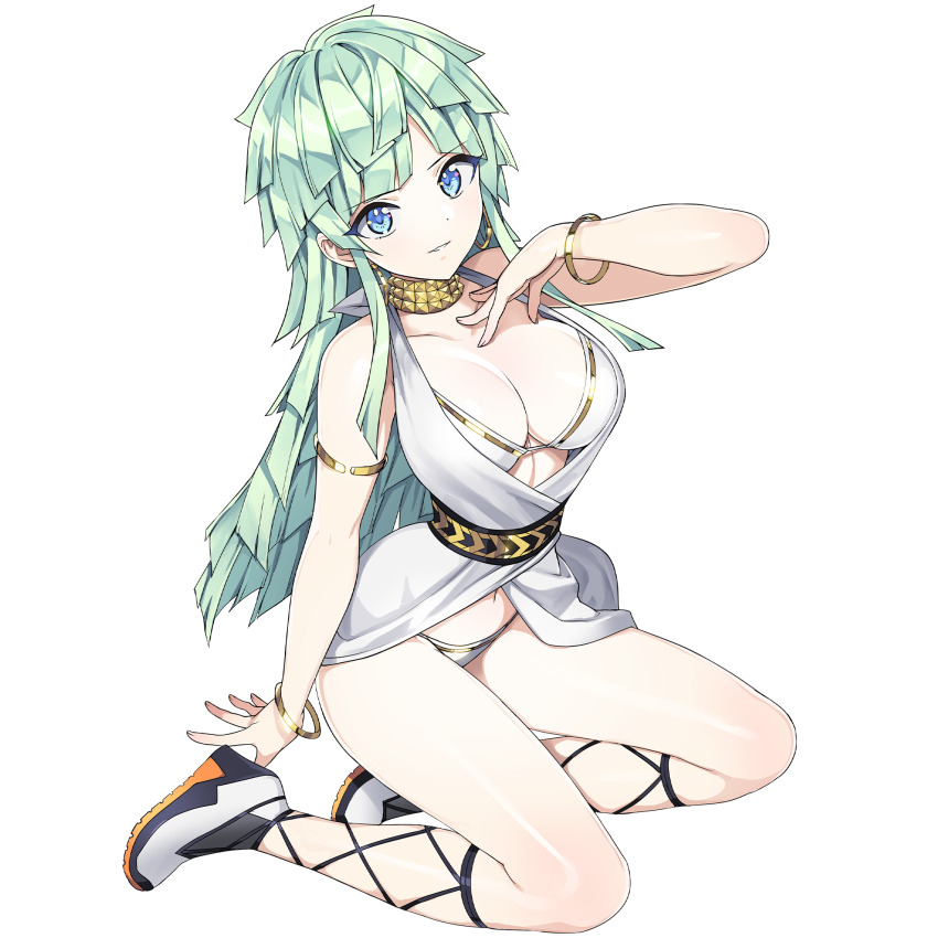 1girl armband bikini blue_eyes bracelet breasts dolphin_wave earrings game_cg gold_choker gold_trim green_hair hand_on_floor hand_on_own_chest highres hoop_earrings jewelry kishimen_hair long_hair looking_at_viewer medium_breasts multiple_bracelets navel non-web_source official_alternate_costume official_art ootomo_takuji robe seiza selena_lewis shoes sidelocks sitting smile solo studded_choker swimsuit teeth transparent_background white_bikini white_robe