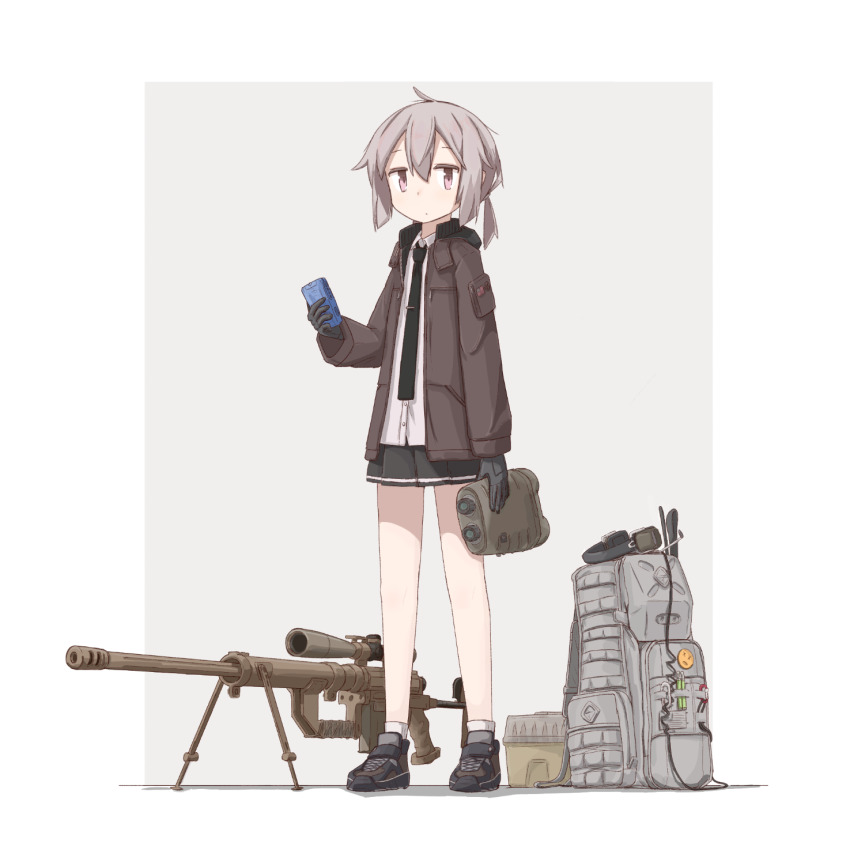 1girl american_flag backpack bag binoculars bipod black_gloves black_necktie black_skirt blouse bolt_action border brown_jacket cheytac_m200 closed_mouth collared_shirt container crossed_bangs dress_shirt full_body girls&#039;_frontline gloves grey_background gun hair_between_eyes headset_removed highres holding hood hood_down hooded_jacket jacket long_sleeves looking_at_viewer low_ponytail m200_(girls&#039;_frontline) magazine_(weapon) muzzle_device necktie player193 pleated_skirt ponytail purple_eyes rifle scope shirt shoes sidelocks skirt sneakers sniper_rifle socks solo standing tie_clip weapon white_border white_shirt white_socks x_x