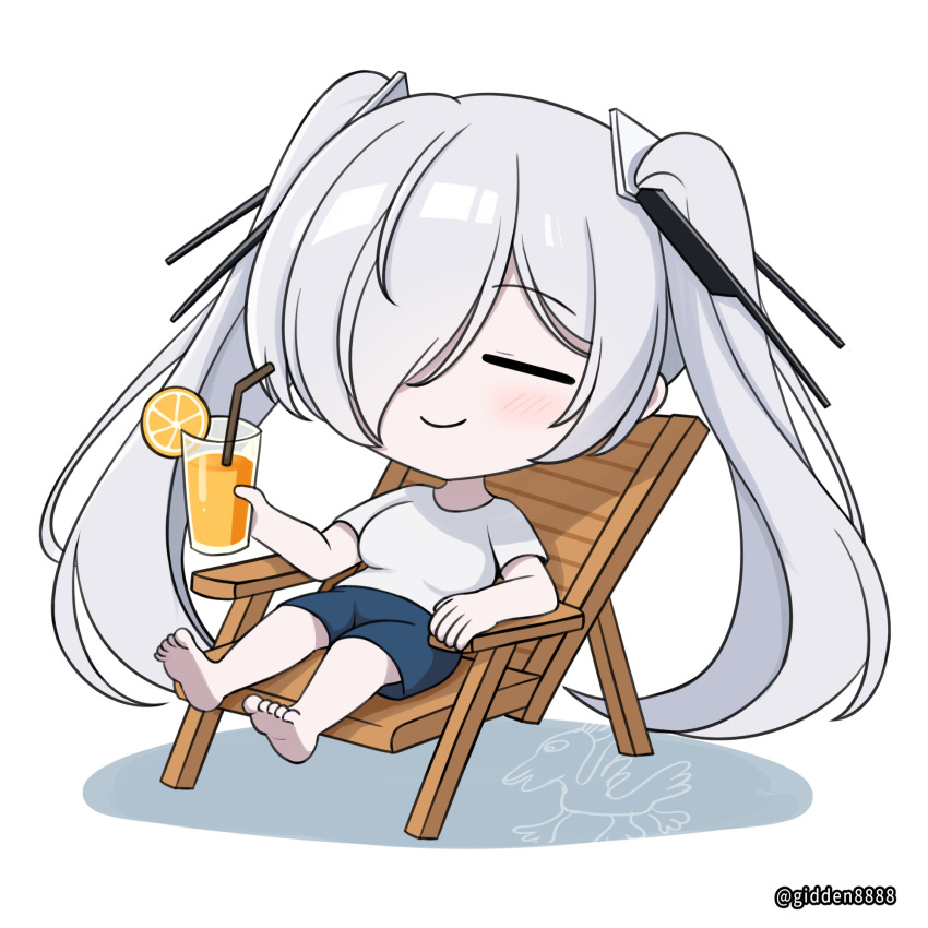 1girl alternate_costume barefoot blue_shorts blush breasts chair cinderella_(nikke) closed_eyes closed_mouth commentary cup drinking_glass food fruit gidden8888 goddess_of_victory:_nikke hair_ornament hand_up highres holding holding_cup juice large_breasts long_hair lounge_chair mixed-language_commentary orange_(fruit) orange_juice orange_slice shadow shirt short_sleeves shorts simple_background sitting smile solo tumbler_glass twintails twitter_username very_long_hair white_background white_hair white_shirt
