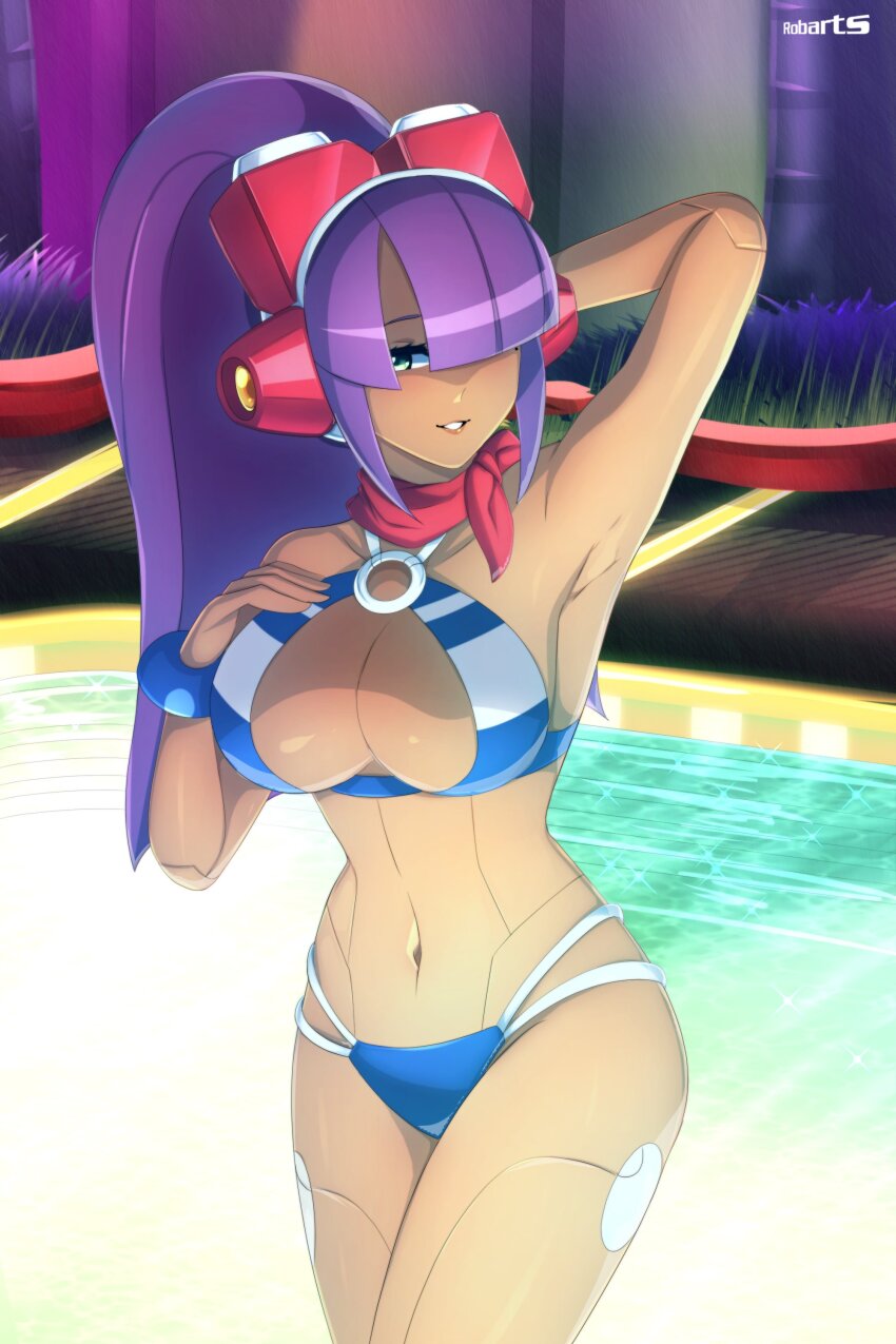 1girl absurdres android arm_behind_back armpits axasempai bandana bandana_around_neck bikini blue_bikini breasts cleavage commentary cowboy_shot english_commentary green_eyes high_ponytail highres large_breasts layer_(mega_man) long_hair mega_man_(series) mega_man_x_(series) mega_man_x_dive navel official_alternate_costume ponytail pool purple_hair red_bandana robot_girl solo swimsuit