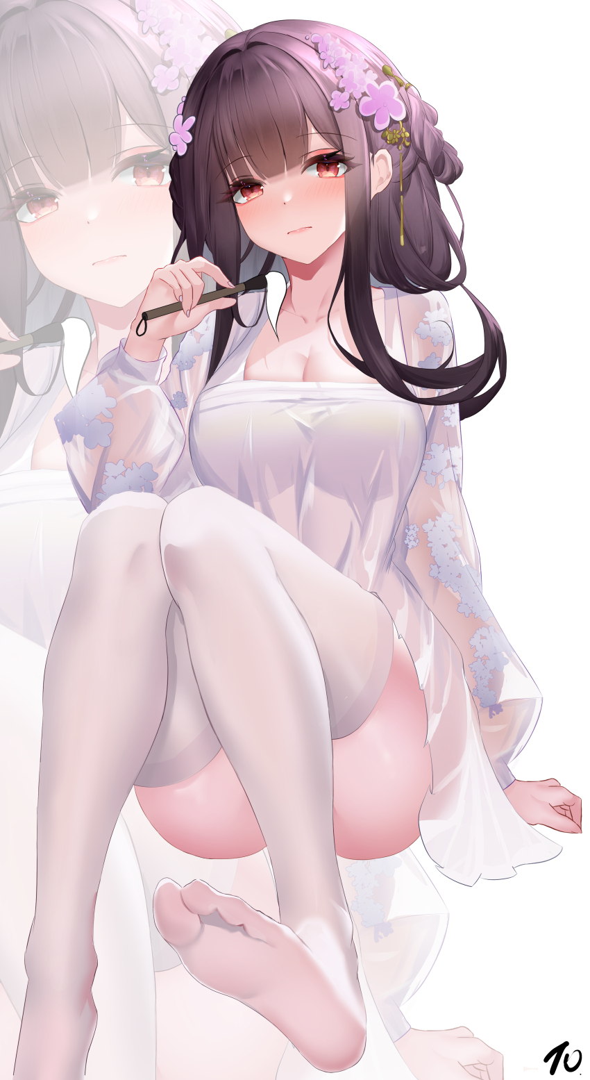 1girl absurdres azur_lane blush braid breasts calligraphy_brush closed_mouth collarbone dress feet floral_print flower hair_flower hair_ornament hanfu highres knees_together_feet_apart knees_up large_breasts legs long_hair long_sleeves looking_at_viewer nanoda002_(saber427) no_shoes paintbrush pink_flower purple_hair qixiong_ruqun red_eyes ruqun see-through_clothes see-through_sleeves sitting soles solo thighhighs toes white_dress white_thighhighs yat_sen_(azur_lane)