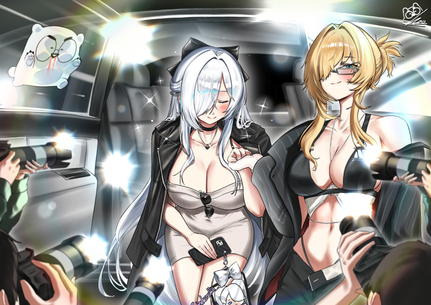 2girls artist_logo belt bikini black_bikini black_choker black_jacket black_pants blonde_hair blue_eyes blush breasts camera camera_flash car_interior cellphone choker cinderella_(beautiful_me)_(nikke) cinderella_(nikke) cleavage closed_eyes closed_mouth commentary dongtan_dress dress formal_clothes goddess_of_victory:_nikke grave_(beautiful_you)_(nikke) grave_(nikke) grey_dress hair_intakes hair_over_one_eye hair_up highleg highleg_bikini highres holding holding_phone ice_bear jacket jacket_on_shoulders jewelry large_breasts logo long_hair meme_attire multiple_girls navel necklace necklace_between_breasts one_eye_covered pants phone pinstripe_jacket pinstripe_pattern pinstripe_suit ponytail short_dress short_ponytail single_bare_shoulder smartphone smile suit swimsuit symbol-only_commentary very_long_hair white_hair