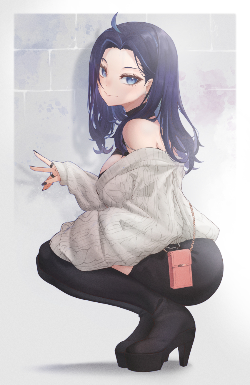 1girl a9_(repainter) absurdres ahoge black_footwear black_nails black_shirt black_shorts black_thighhighs blue_eyes blue_hair cleavage_cutout clothing_cutout high_heels highres jewelry kson kson_(kimono) looking_at_viewer mole mole_under_eye multicolored_hair nail_polish purple_hair ring shirt shorts sleeveless sleeveless_shirt smile solo squatting streaked_hair thighhighs virtual_youtuber vshojo white_background