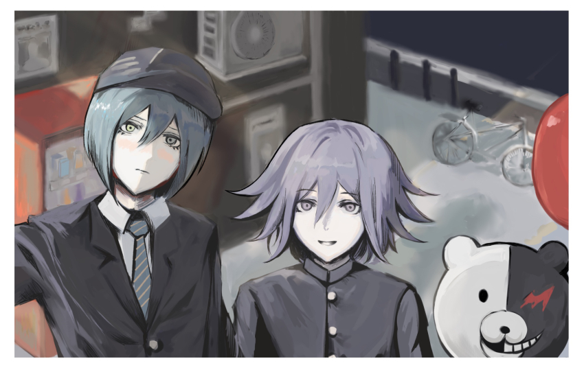 2boys air_conditioner apus balloon baseball_cap bicycle blue_hair blush buttons collared_shirt commentary_request danganronpa_(series) danganronpa_v3:_killing_harmony fake_photograph flipped_hair gakuran hair_between_eyes hat height_difference highres jacket long_sleeves looking_at_viewer lower_eyelashes_only male_focus monokuma multiple_boys necktie oma_kokichi outdoors pale_skin purple_eyes purple_hair saihara_shuichi school_uniform selfie shirt short_hair smile upper_body vending_machine