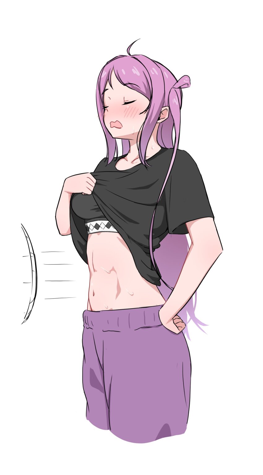 1girl abs absurdres ahoge black_shirt blush breasts clothes_lift collarbone fan hands_on_own_hips highres long_hair love_live! love_live!_nijigasaki_high_school_idol_club mole mole_under_eye navel pants pink_hair shirt shirt_lift sports_bra sweat sweatdrop sweatpants wind zhong_lanzhu
