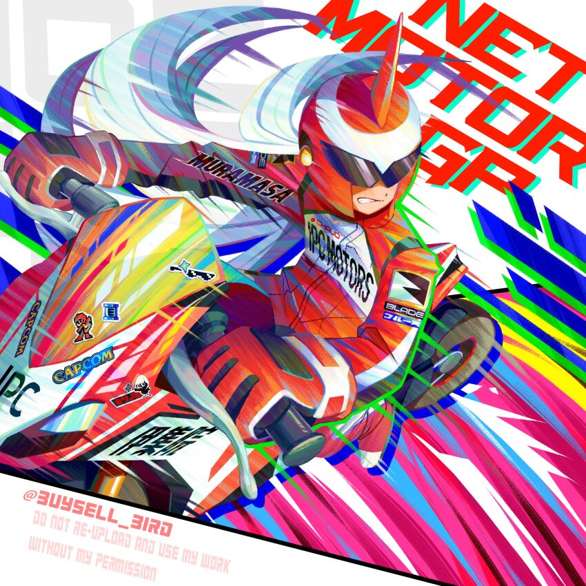 1boy alternate_costume assault_visor buysell_bird clenched_teeth commentary english_text gloves grey_hair helmet highres jacket long_hair male_focus mega_man_(classic) mega_man_(series) mega_man_battle_network_(series) motor_vehicle motorcycle pants proto_man protoman.exe red_gloves red_helmet red_jacket red_pants riding solo teeth twitter_username watermark