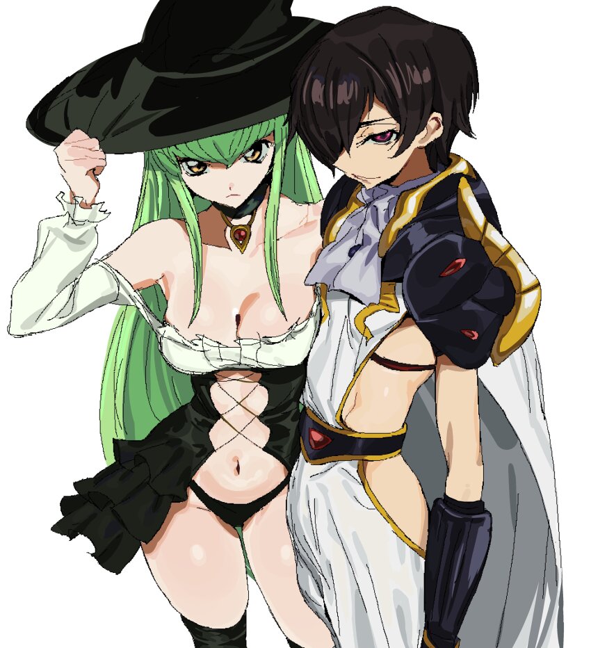 1boy 1girl absurdres alternate_costume breasts brown_hair c.c. code_geass green_hair halloween_costume highres large_breasts lelouch_vi_britannia midriff midriff_peek purple_eyes thick_thighs thighs whoopsatro yellow_eyes