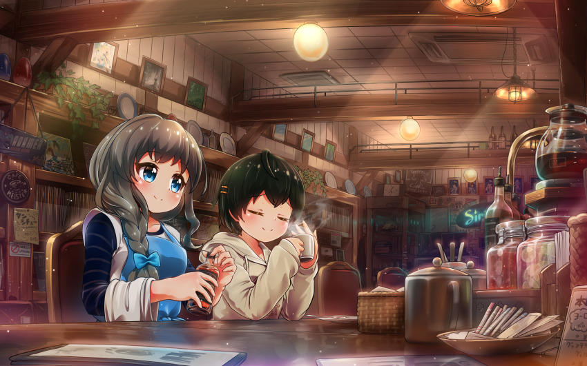 2girls absurdres apron battle_girl_high_school blue_apron blue_bow blue_eyes bookshelf bow braid cafe closed_mouth coffee_pot cover cup green_hair grey_hoodie hair_ornament hairclip highres hood hood_down hoodie indoors light_particles loaded_interior looking_ahead mug multiple_girls narumi_haruka smile steam tamanegi_(12030028) wakaba_subaru
