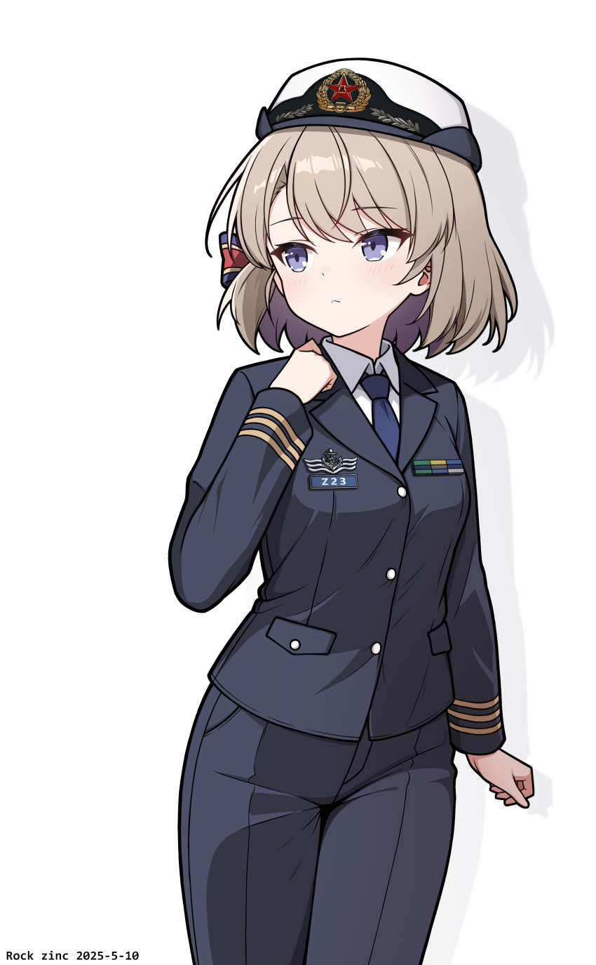 1girl absurdres artist_name azur_lane black_jacket black_pants blue_necktie bow brown_hair closed_mouth collared_shirt commentary_request dated drop_shadow hair_bow hat highres jacket long_sleeves looking_to_the_side military_hat military_uniform necktie pants purple_eyes rock_zinc shirt simple_background solo striped_bow white_background white_hat white_shirt z23_(azur_lane)
