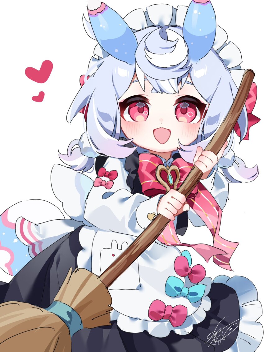 1girl :d alternate_costume animal_ears apron aqua_bow artist_name black_dress blue_hair blush bow bowtie brooch broom commentary_request crossed_bangs dress enmaided frilled_apron frilled_dress frills genshin_impact gradient_hair hair_between_eyes hair_bow hair_ornament heart highres holding holding_broom jewelry long_sleeves looking_at_viewer low_twintails maid maid_headdress meda_cha medium_hair multicolored_hair open_mouth pinafore_dress pink_bow pom_pom_(clothes) pom_pom_hair_ornament puffy_long_sleeves puffy_sleeves purple_hair red_bow red_bowtie red_eyes shirt sidelocks sigewinne_(genshin_impact) signature simple_background sleeveless sleeveless_dress smile solo tail twintails waist_apron white_apron white_background white_shirt