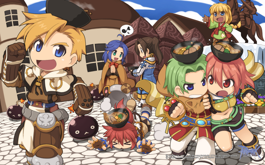 &gt;_&lt; 3boys 4girls :d ahoge animal animal_around_neck arch_bishop_(ragnarok_online) armored_boots bangle black_footwear black_gloves blonde_hair blue_coat blue_eyes blue_hair blue_shirt blue_sky blue_socks bomb bomb_poring boots bow bowl bowl_hat bowtie bracelet breasts brown_cape brown_footwear brown_gloves brown_hair brown_shirt brown_shorts brown_skirt cape capelet character_request city clenched_hands clenched_teeth cloud coat cobblestone copyright_notice crop_top cropped_jacket dark-skinned_female dark_skin detached_sleeves elbow_gloves explosive fingerless_gloves food fountain fox full_body gloves green_hair green_hanbok hanbok hat high_ponytail highres house hunter_(ragnarok_online) jacket jewelry korean_clothes lit_fuse logo long_hair long_sleeves looking_at_another looking_at_viewer looking_to_the_side medium_breasts midriff miniskirt multiple_boys multiple_girls musical_note navel noodles obelisk official_art official_wallpaper open_mouth outdoors pants pelvic_curtain pink_hair ponytail professor_(ragnarok_online) ragnarok_online ramen red_bow red_bowtie red_eyes red_hair red_shirt sarah_irene shirt shoes short_hair short_shorts shorts shorts_under_skirt skirt sky sleeveless sleeveless_shirt slime_(creature) smile socks spoken_musical_note statue striped_sleeves super_novice_(ragnarok_online) swordsman_(ragnarok_online) teeth tripping turtleneck turtleneck_shirt v-shaped_eyebrows vambraces white_capelet white_jacket white_pants yellow_sleeves yuichirou
