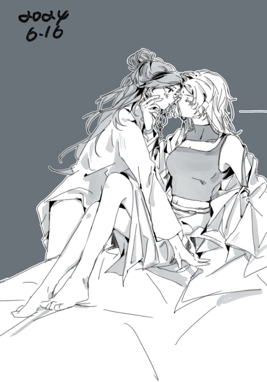 2girls barefoot blush closed_eyes dated du_ruo_(path_to_nowhere) eye_contact forehead-to-forehead forehead_jewel grey_background greyscale hand_on_another&#039;s_face heads_together highres long_hair long_sleeves looking_at_another monochrome multiple_girls off_shoulder path_to_nowhere shirt simple_background sitting sketch sleeveless sleeveless_shirt tooong4 yao_(path_to_nowhere) yuri