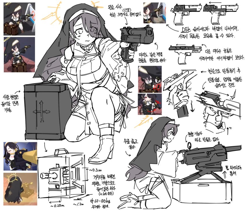 1girl aiming automatic_grenade_launcher blue_archive breasts closed_mouth cross cross_necklace dress flukhan fn_five-seven game_screenshot grenade_launcher gun habit hair_over_one_eye halo handgun highres hinata_(blue_archive) holding holding_gun holding_weapon jewelry kneeling korean_text large_breasts long_hair long_sleeves multiple_views necklace necktie on_one_knee pdw-caliber_pistol reference_inset simple_background translation_request twitter_username weapon white_background wide_sleeves